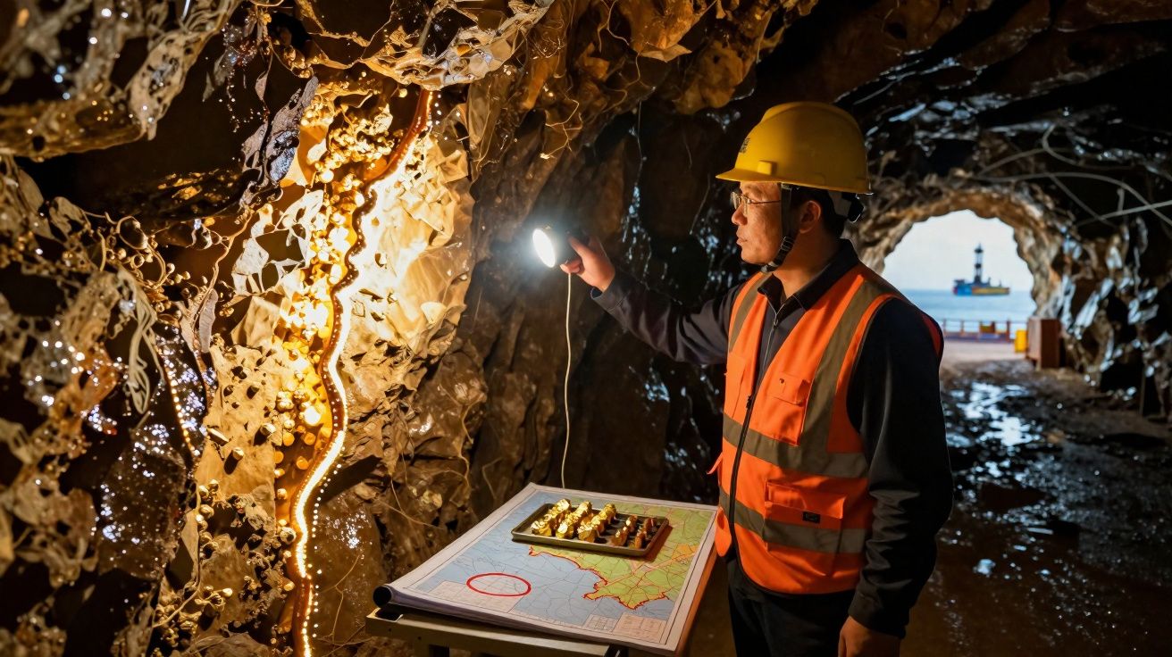 Homem de capacete e colete reflete com lanterna dentro de caverna com mapa e tabuleiro num túnel perto do mar.