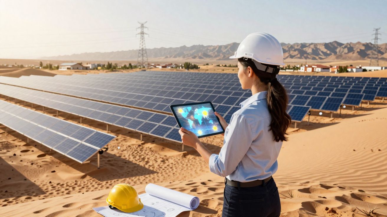Engenheira a analisar painel solar no deserto com capacete e tablet na mão.