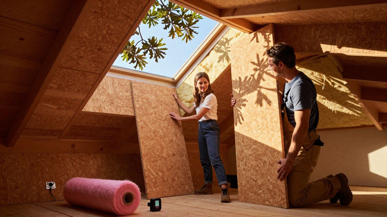 Casal a instalar painéis de madeira numa sótão com claraboia e isolamento térmico no chão.