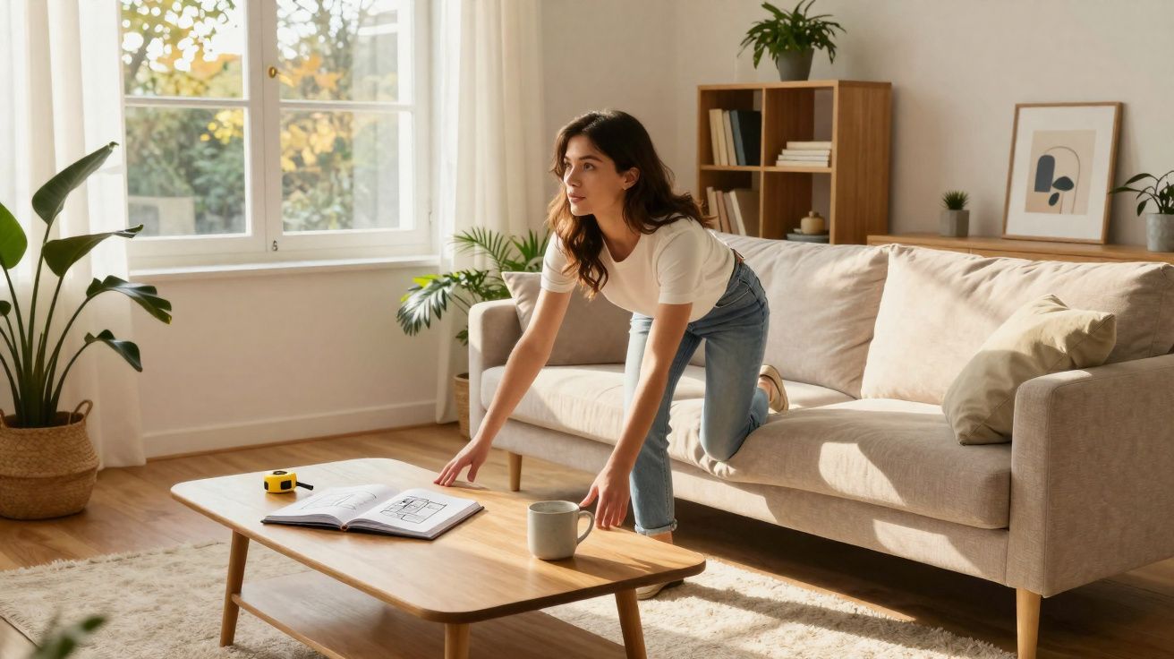 Mulher em pé junto a uma mesa de madeira numa sala iluminada com planta e sofá cinzento.
