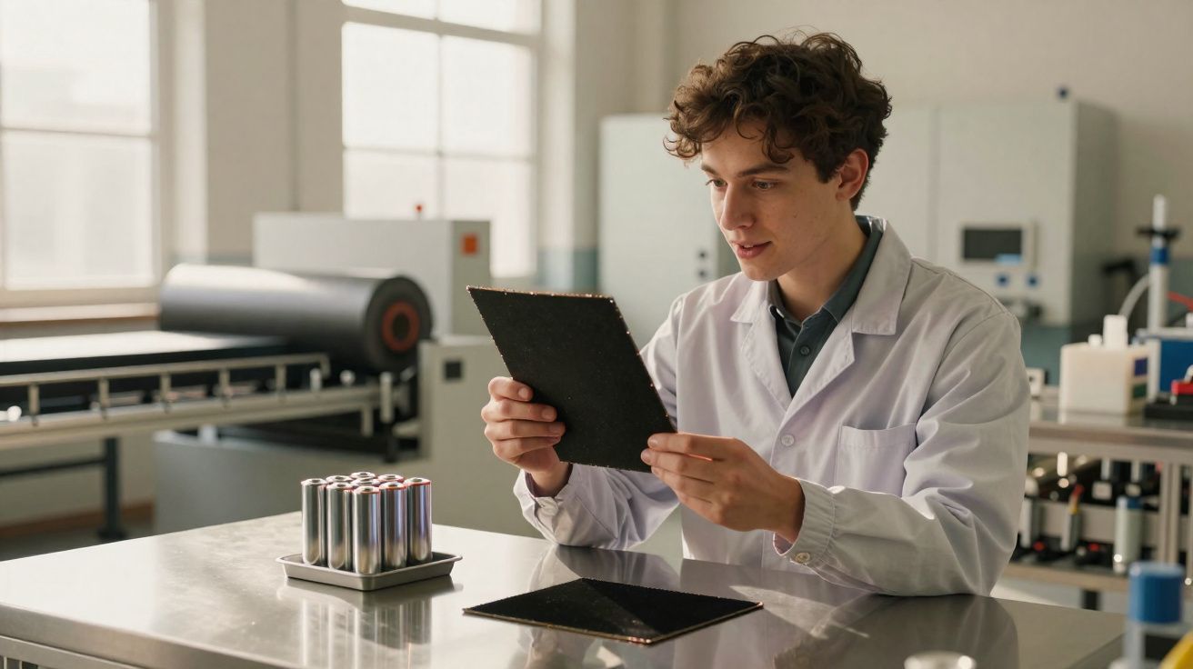 Homem com bata branca analisa placa preta num laboratório tecnológico moderno.