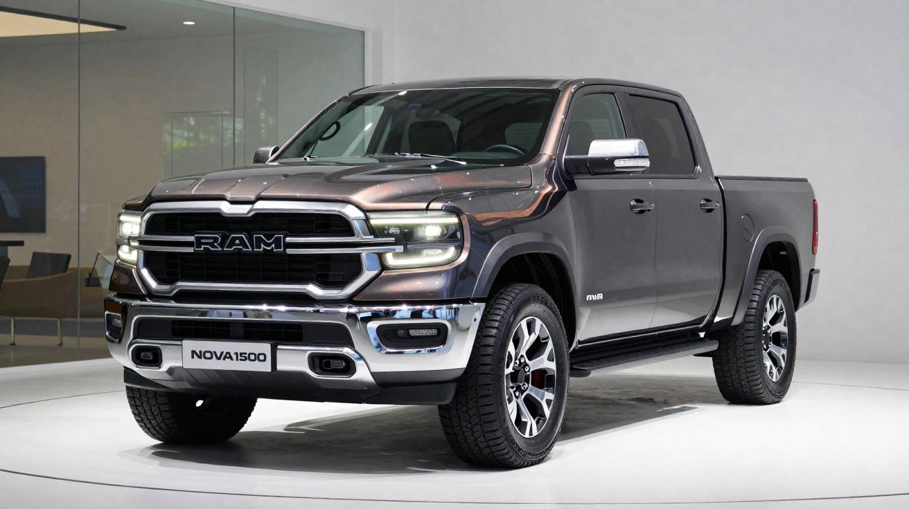Pick-up Ram 1500 cinzenta estacionada em ambiente interior moderno e minimalista.