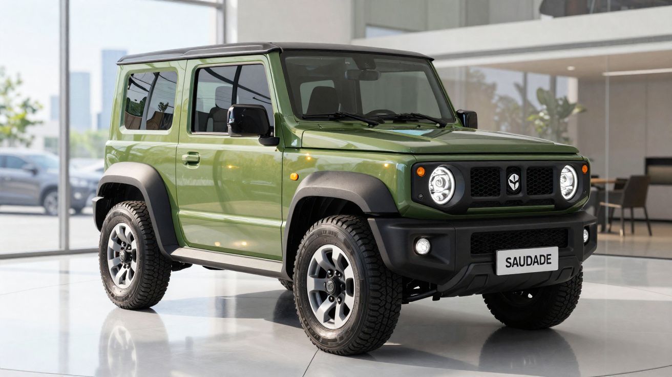 Veículo SUV verde militar com estrutura quadrada em exposição numa sala moderna e iluminada.