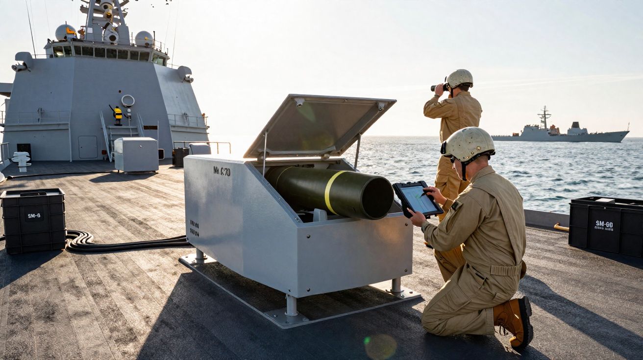 Marinheiros em missão a bordo de um navio de guerra com equipamento militar e mar ao fundo.