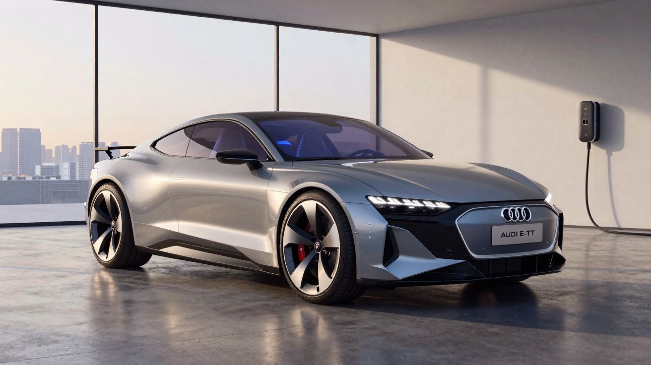 Carro elétrico Audi e-tron GT cinzento estacionado numa garagem moderna com carregador na parede.