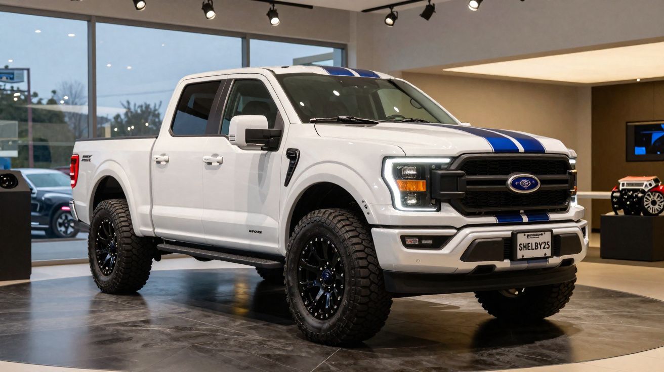 Pick-up Ford branca com faixa azul, pneus todo-o-terreno, exposta em showroom moderno.