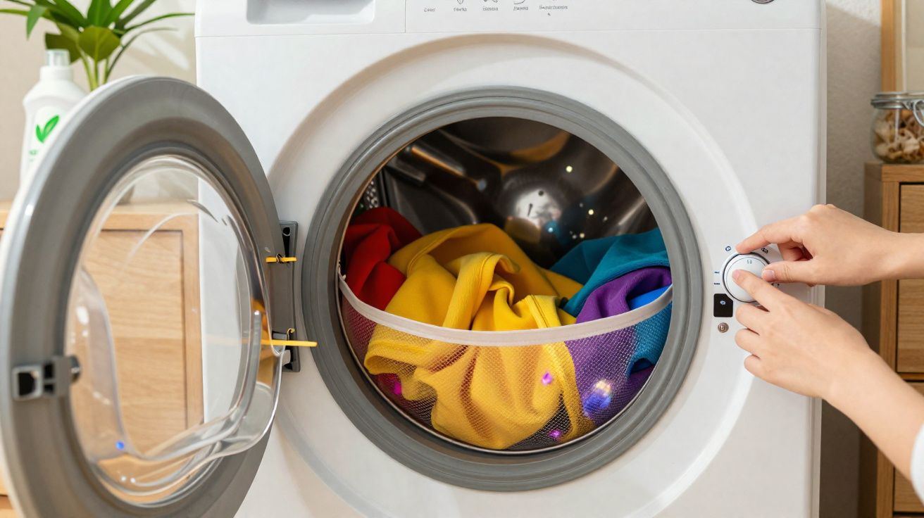 Máquina de lavar roupa com porta aberta e roupa colorida dentro, mãos a ajustar o ciclo.