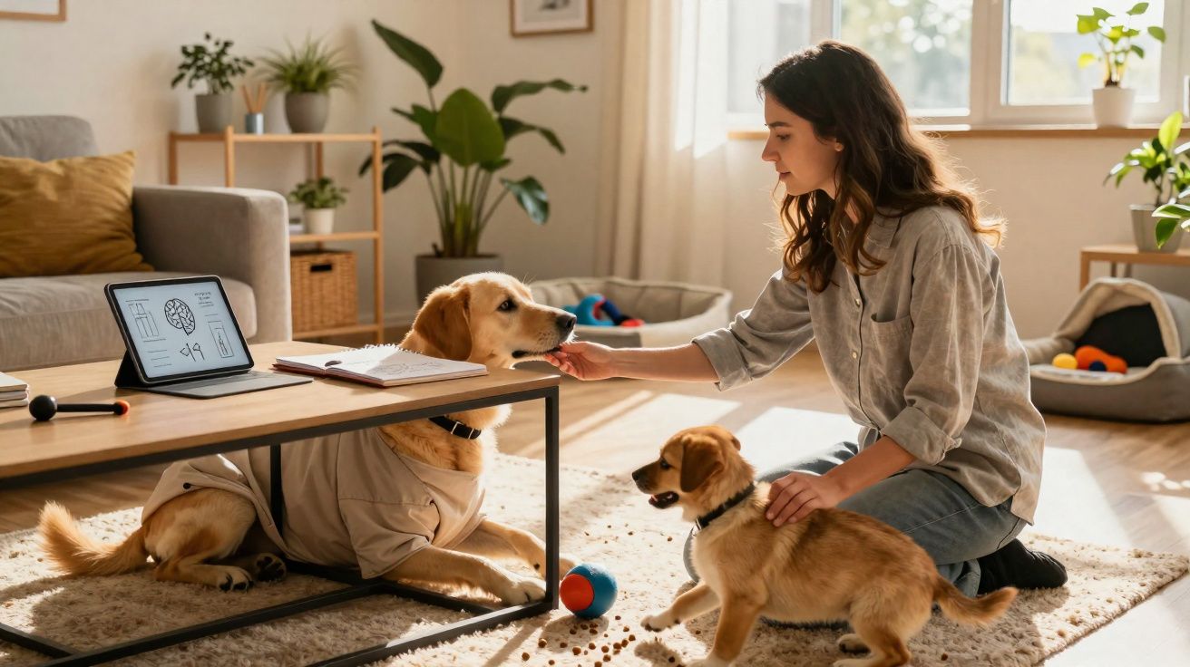 Mulher a interagir com dois cães em sala iluminada com tablet, brinquedos e plantas ao redor.