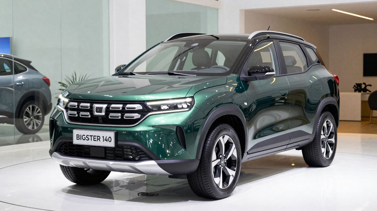 Carro SUV verde metálico Dacia Bigster 140 exposto num salão moderno com chão branco brilhante.