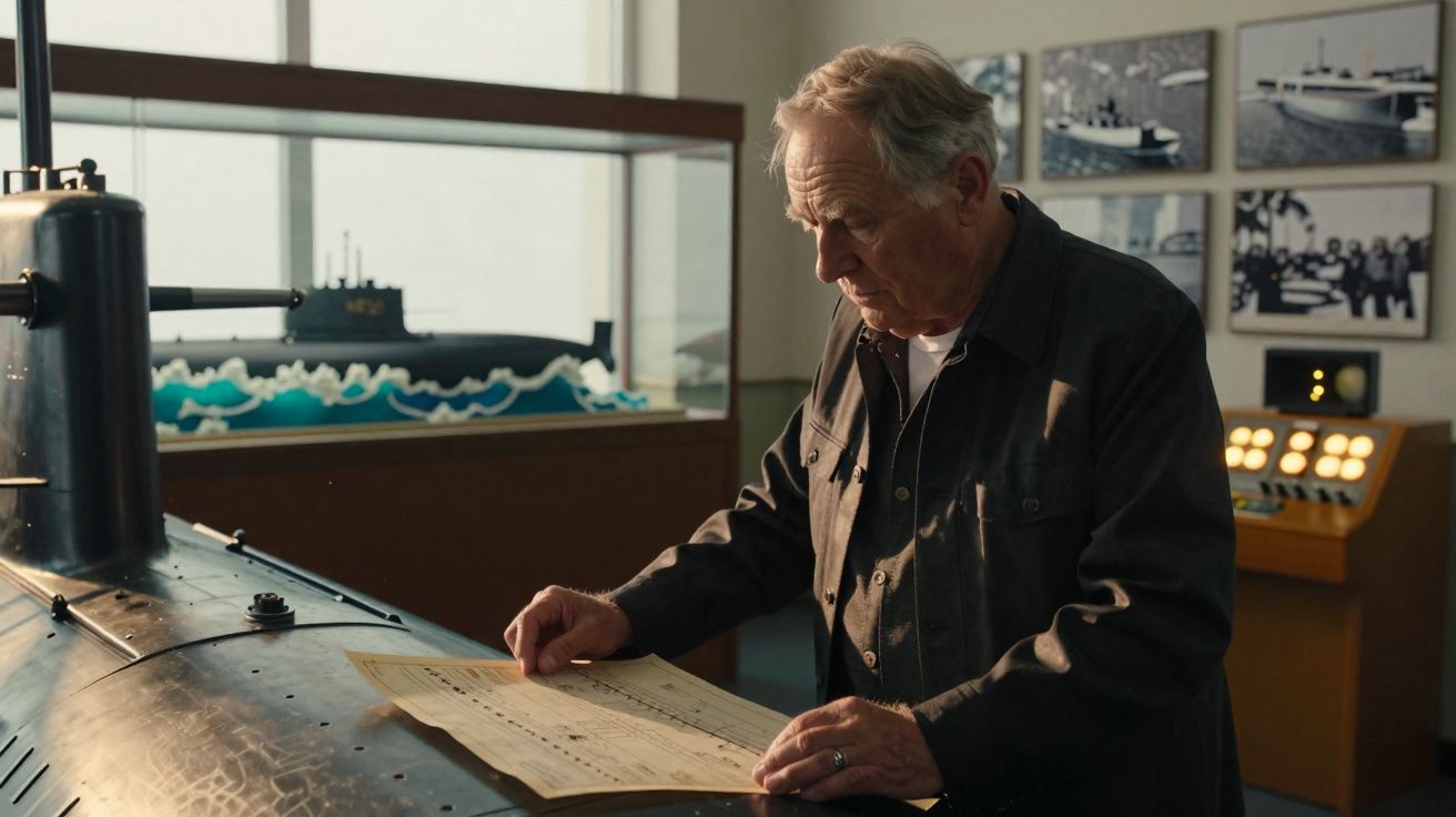 Homem idoso analisa planta técnica junto a modelo de submarino em museu náutico.