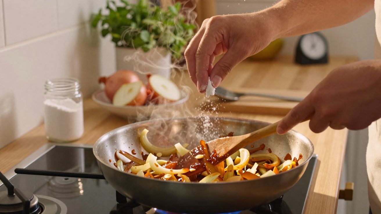 Pessoa a temperar legumes numa frigideira a cozinhar num fogão a gás, com vapor a subir.