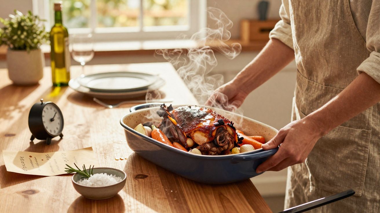 Pessoa a servir assado de carne com legumes numa travessa azul fumegante numa cozinha iluminada.
