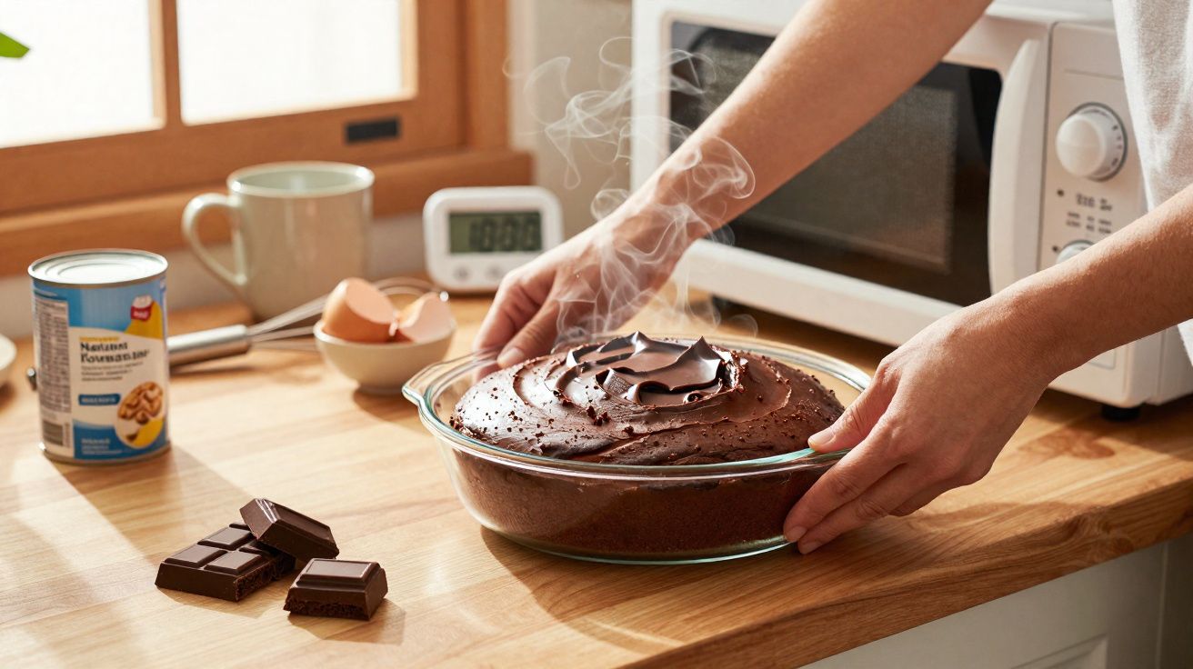 Mãos a retirar um pudim de chocolate fumegante do micro-ondas numa cozinha com ingredientes à volta.