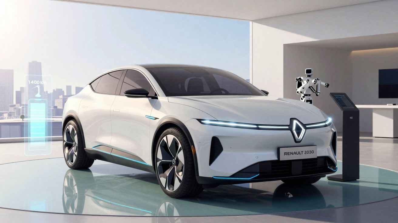Carro elétrico futurista branco Renault 2030 numa exposição moderna, com robot interativo ao lado.