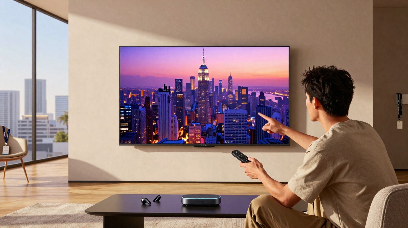 Homem sentado a controlar com comando televisão em parede com imagem de cidade ao pôr do sol.