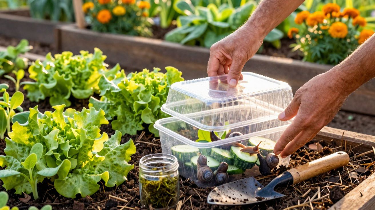 Mãos a cobrir um recipiente com caracóis e vegetais num jardim com alfaces e ferramentas de jardinagem.