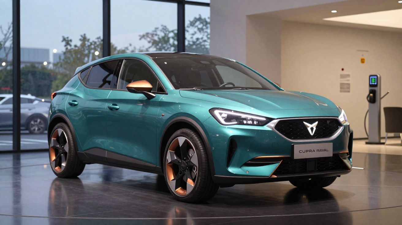Veículo SUV Cupra Raval verde metálico com detalhes e jantes em bronze em salão de exposições moderno.