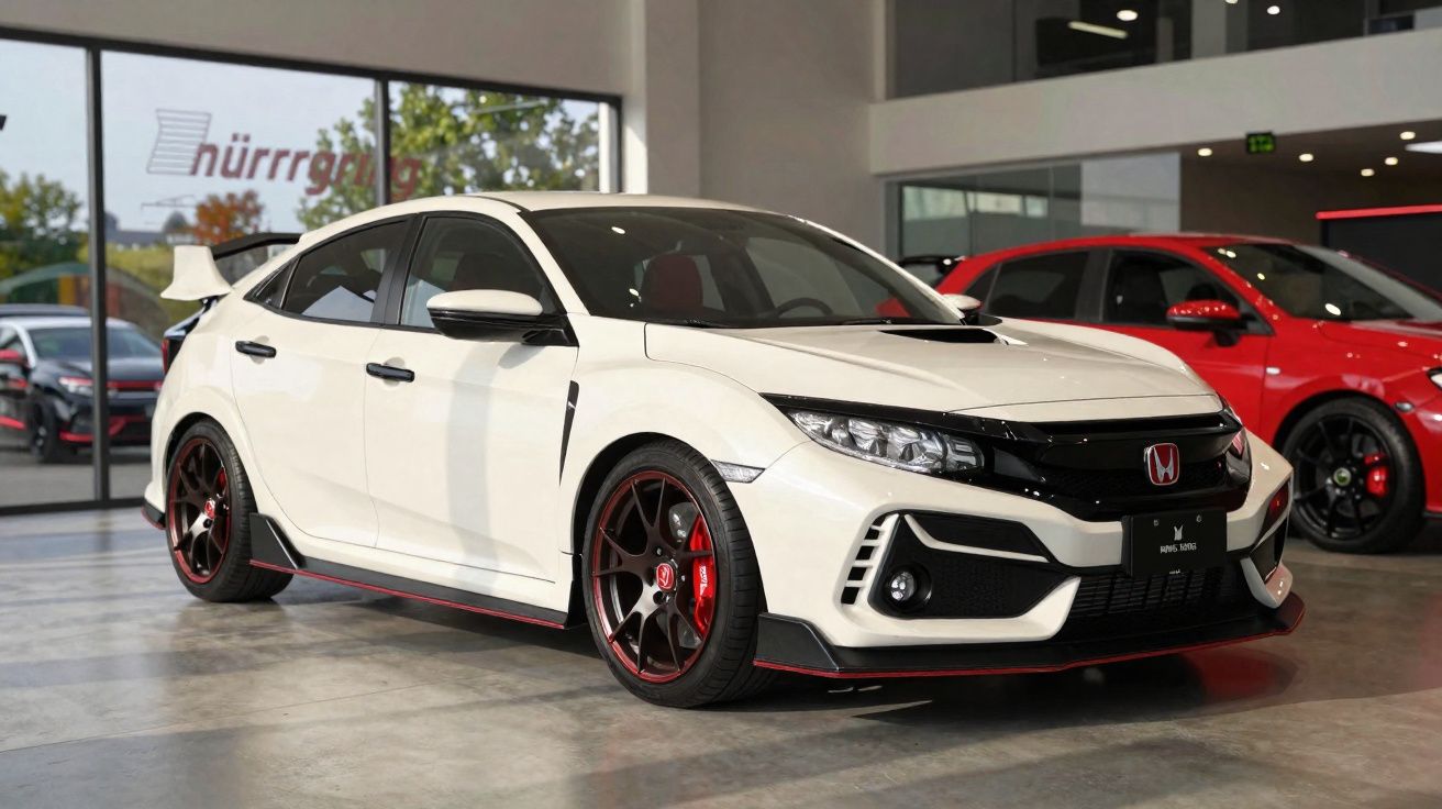 Carro desportivo Honda Civic Type R branco com detalhes em vermelho numa garagem moderna.