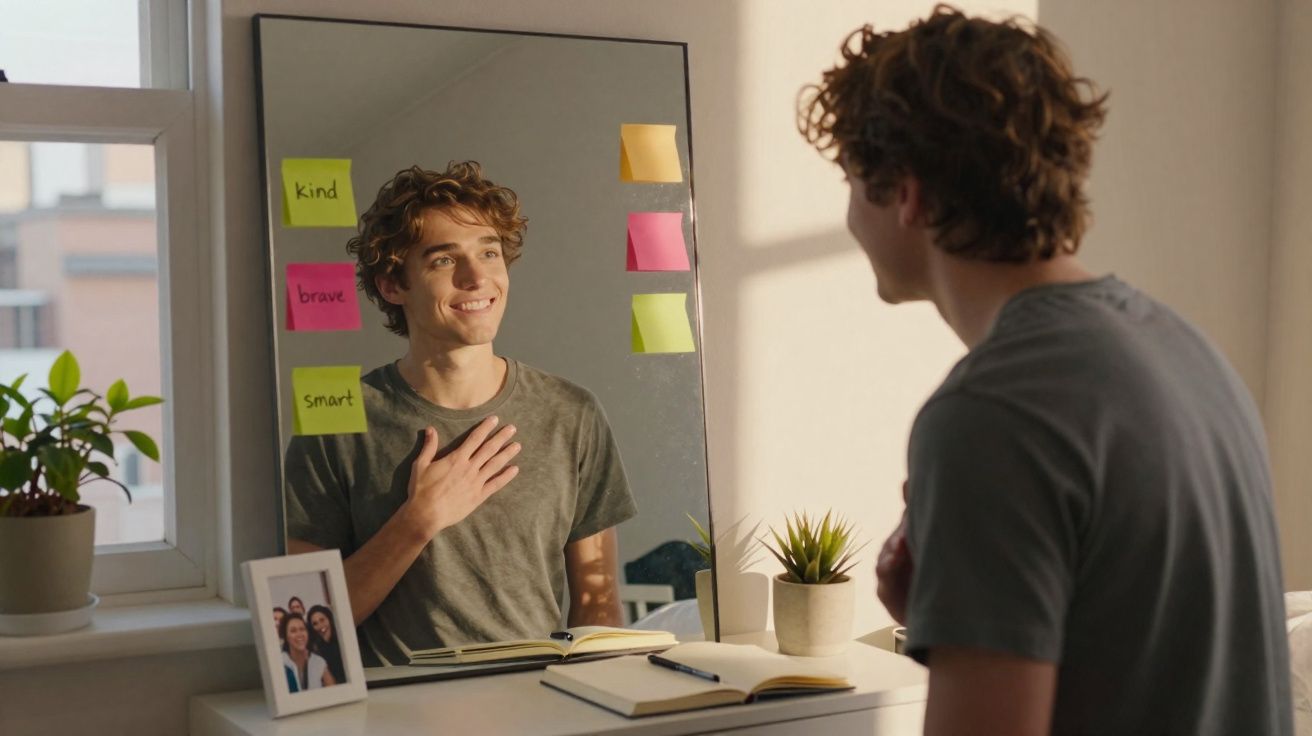 Jovem sorridente fazendo autoafirmação diante de espelho com notas motivacionais coladas.