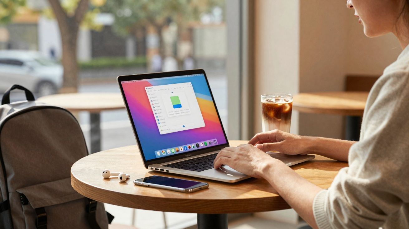 Pessoa a usar computador portátil numa mesa redonda com smartphone, auriculares e bebida num café.