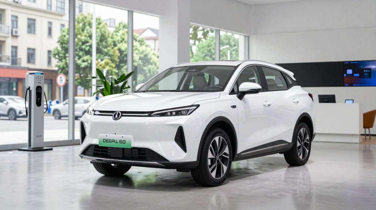 Carro elétrico branco estacionado em espaço interior moderno com estação de carregamento visível.