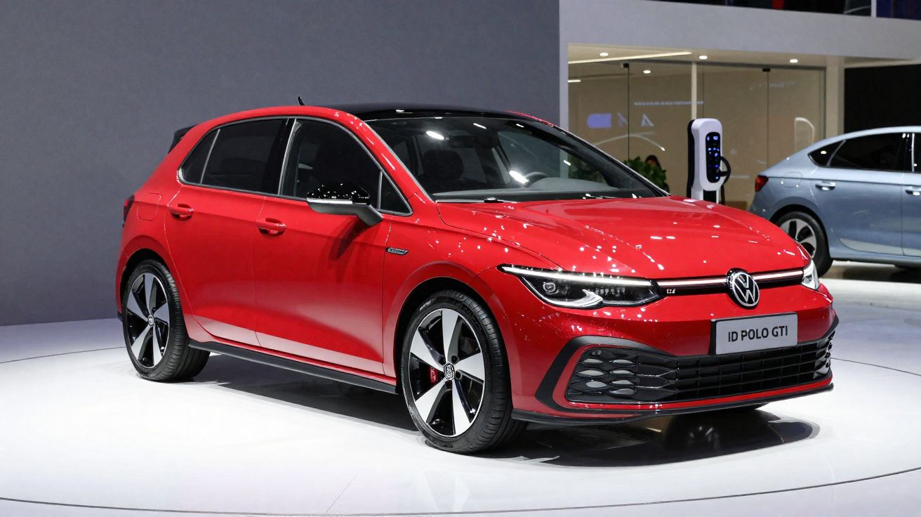 Carro vermelho Volkswagen ID POLO GTI exposto em palco, com design moderno e rodas desportivas.