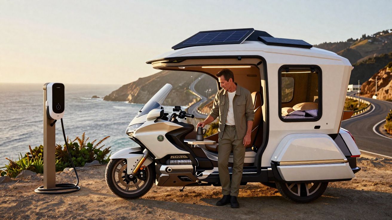 Homem junto a uma mota elétrica com carrinha solar estacionada perto do mar e a carregar numa estação elétrica.