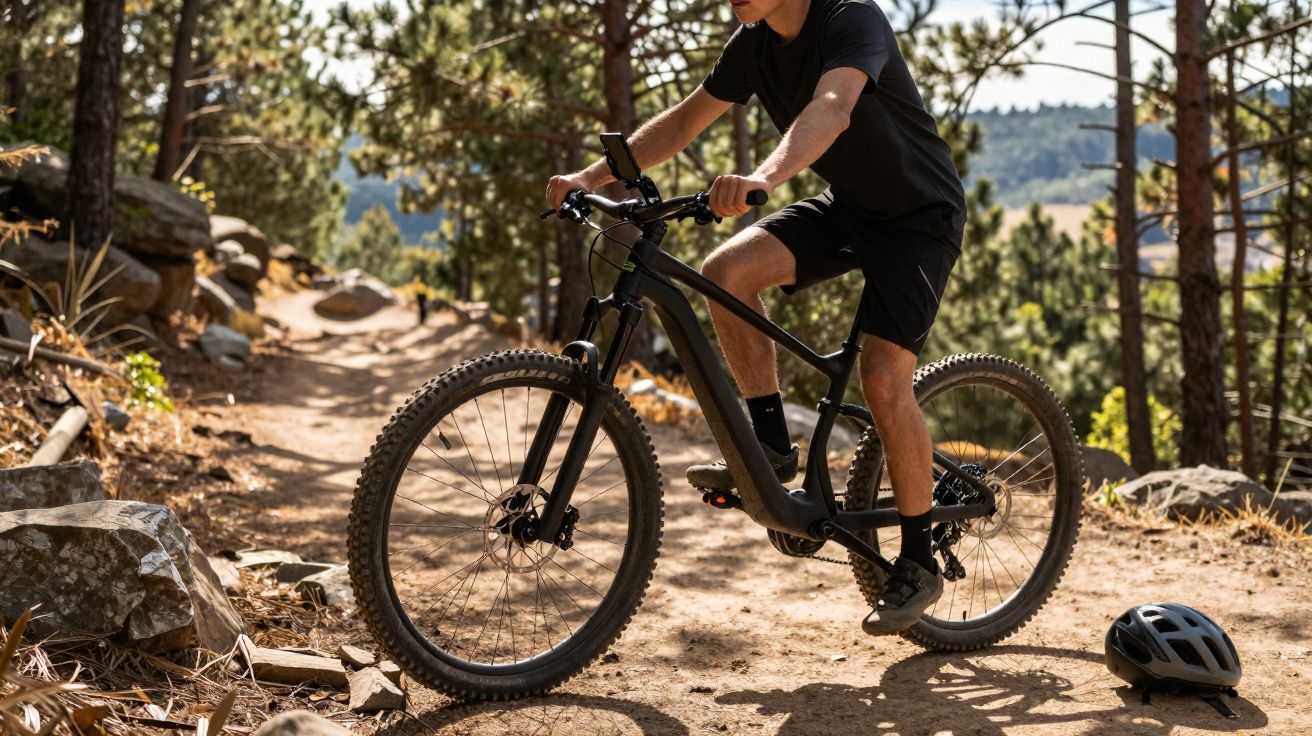 Homem a pedalar bicicleta de montanha numa trilha com árvores e capacete no chão.