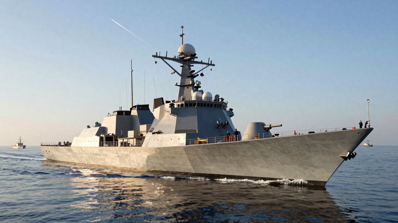 Navio militar cinzento a navegar em mar calmo, céu limpo ao amanhecer ou entardecer.