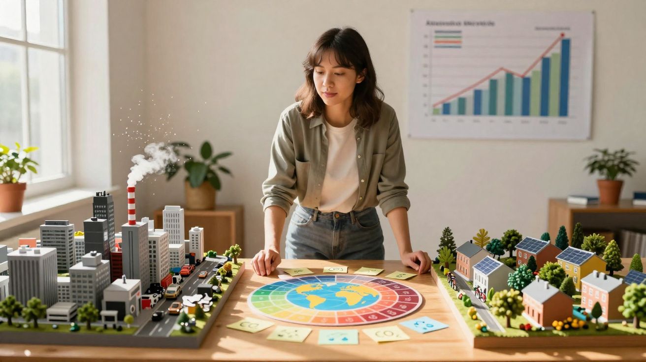 Mulher analisa maquete de cidade poluente e sustentável, com gráfico de emissões na parede.
