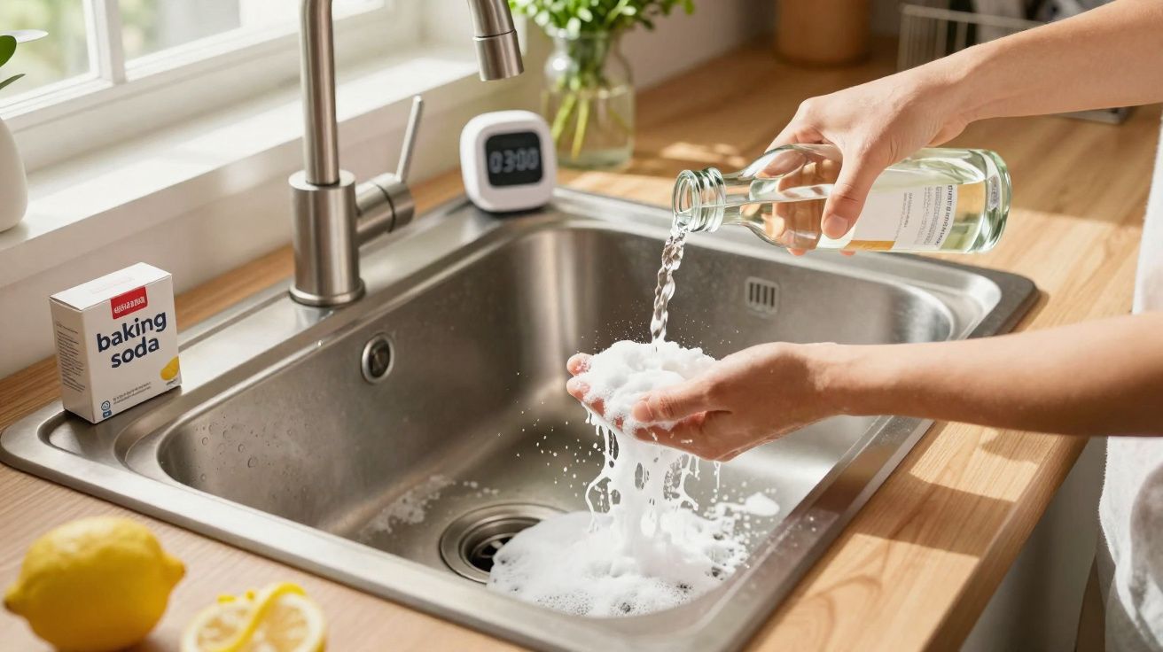 Mãos a misturar água com bicarbonato de sódio num lava-loiça de cozinha para limpeza.