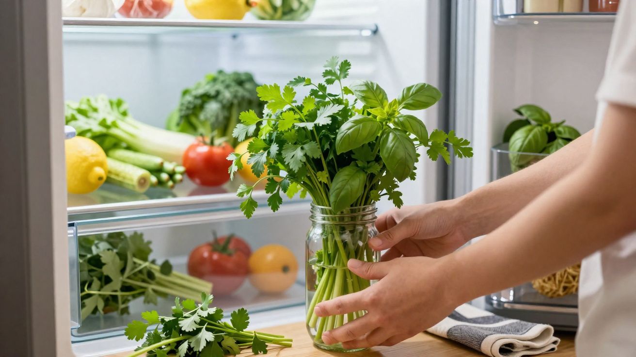 Mãos a colocar jarro com ervas frescas num frigorífico aberto cheio de legumes variados.