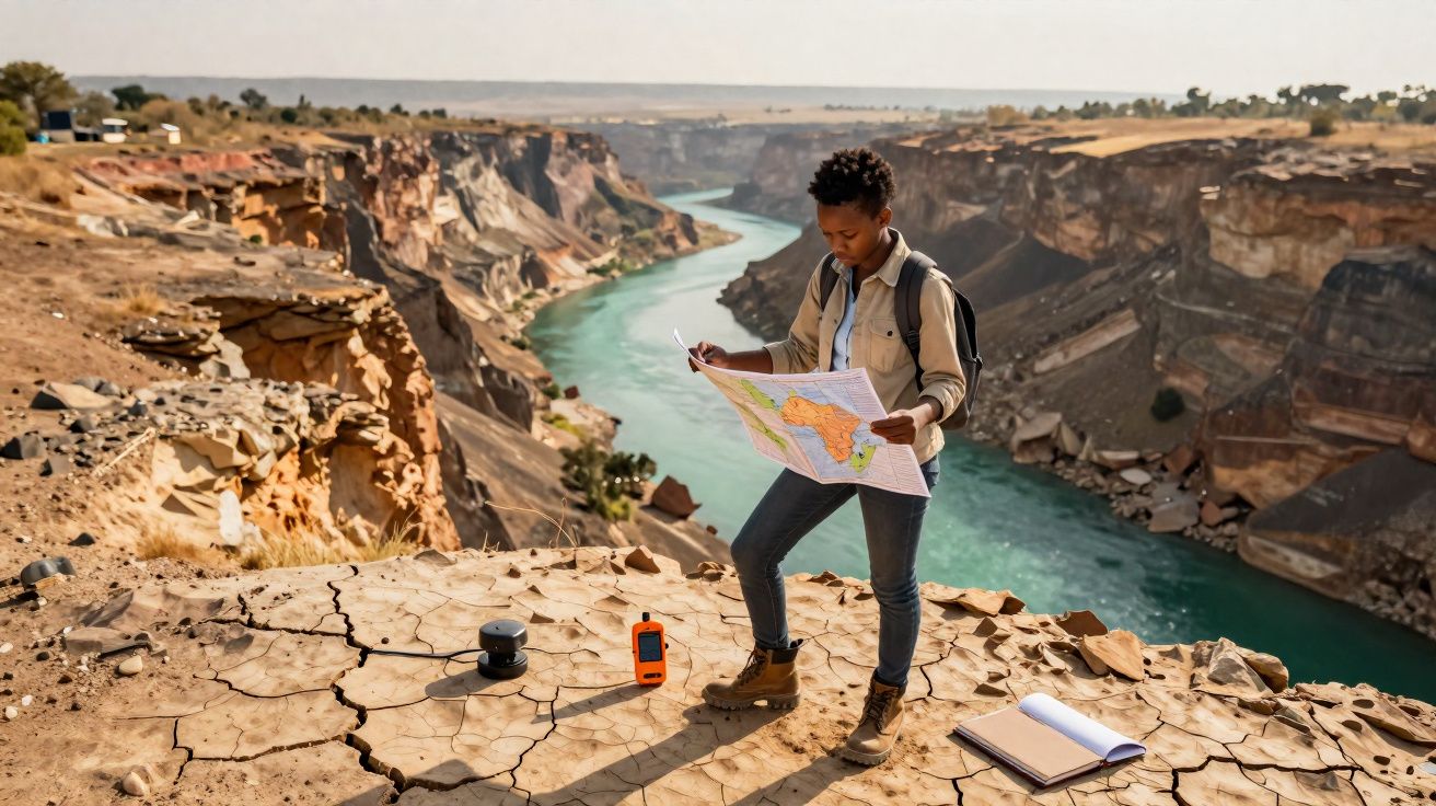 Pessoa com mochila lê um mapa numa falésia seca junto a um rio serpenteante num cenário árido e rochoso.