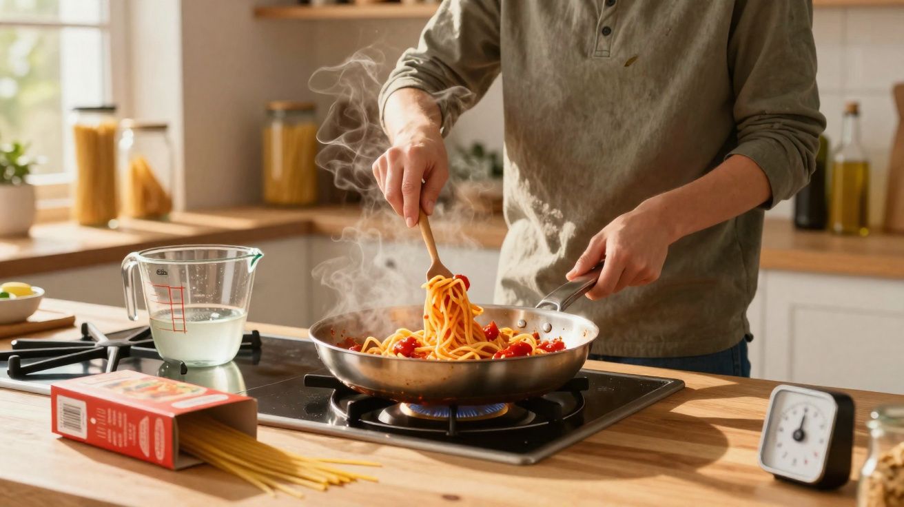 Pessoa a cozinhar esparguete com molho de tomate numa frigideira numa cozinha luminosa.