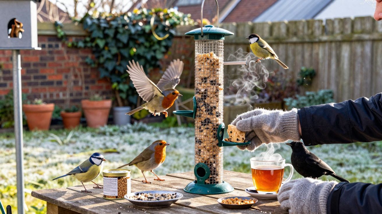 Pássaros a alimentarem-se num alimentador de sementes enquanto alguém pega numa porção de comida numa manhã fria.