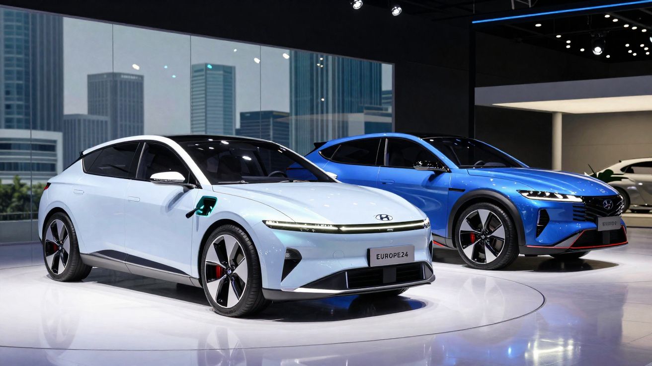 Dois carros elétricos modernos, um branco em primeiro plano e um azul ao fundo, exibidos num salão automóvel iluminado.