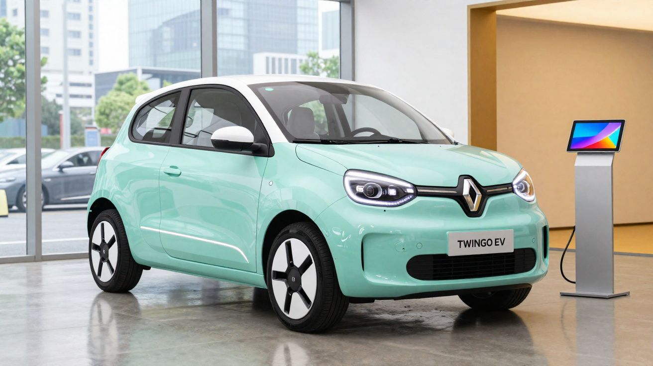 Carro elétrico Renault Twingo EV verde água estacionado interior com estação de carregamento ao lado.
