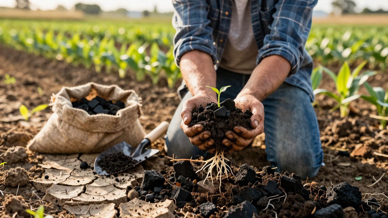 Pessoa a segurar um broto com raízes, junto a terra e carvão agrícola num campo cultivado ao ar livre.
