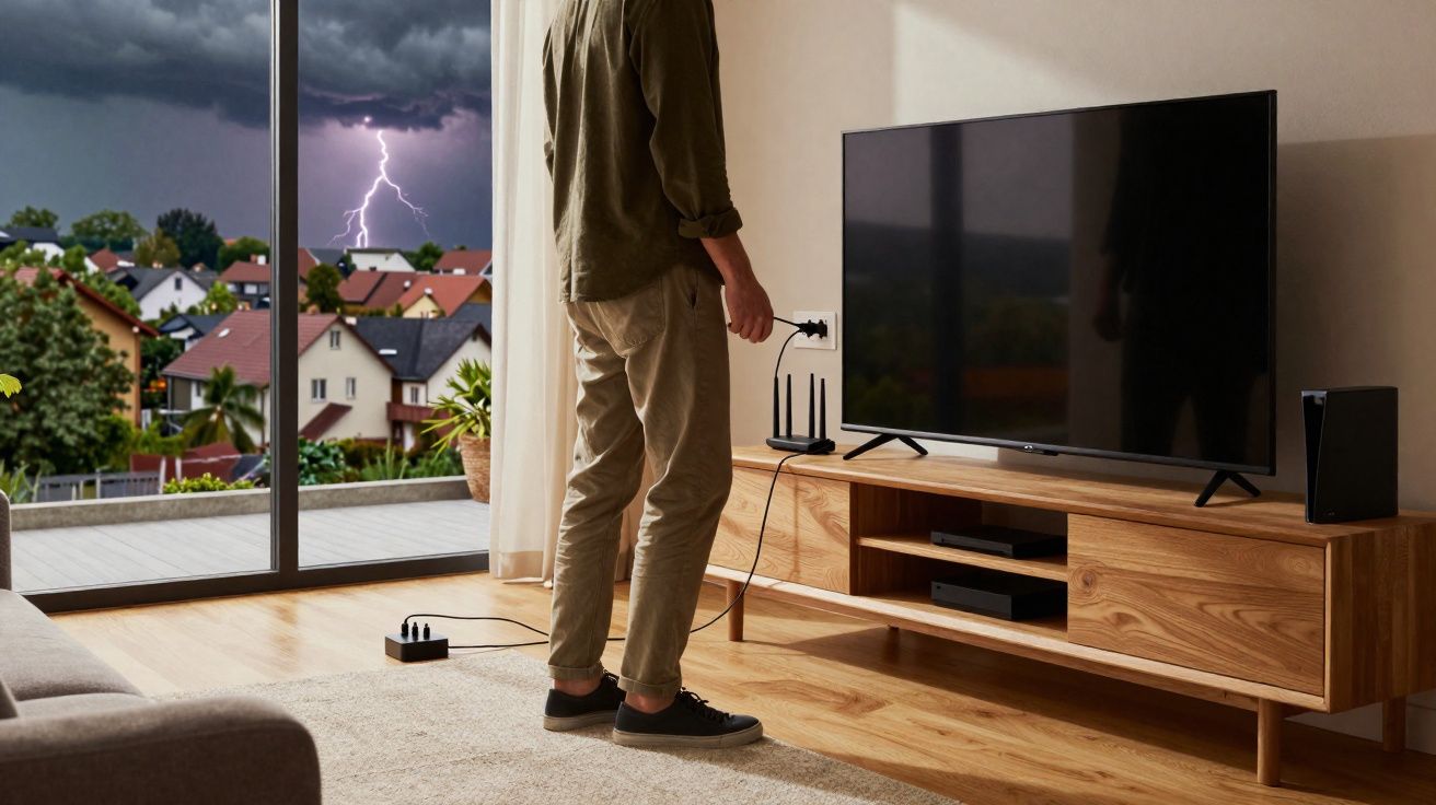 Pessoa a desligar televisão numa sala com janela a mostrar relâmpago e céu tempestuoso numa zona residencial.