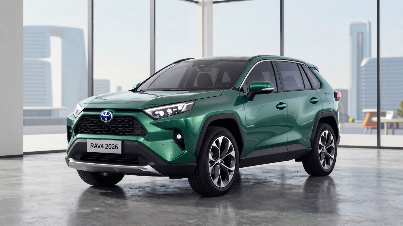 Toyota RAV4 2026 verde estacionado num piso interior com janelas panorâmicas e vista urbana.