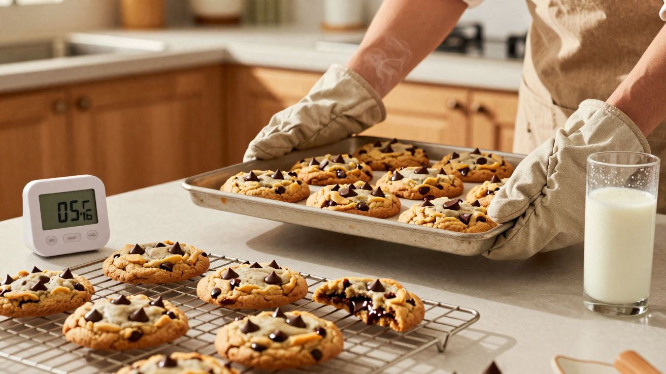 Pessoa a tirar do forno uma tabuleiro de bolachas com pepitas de chocolate, com copo de leite e temporizador à vista.