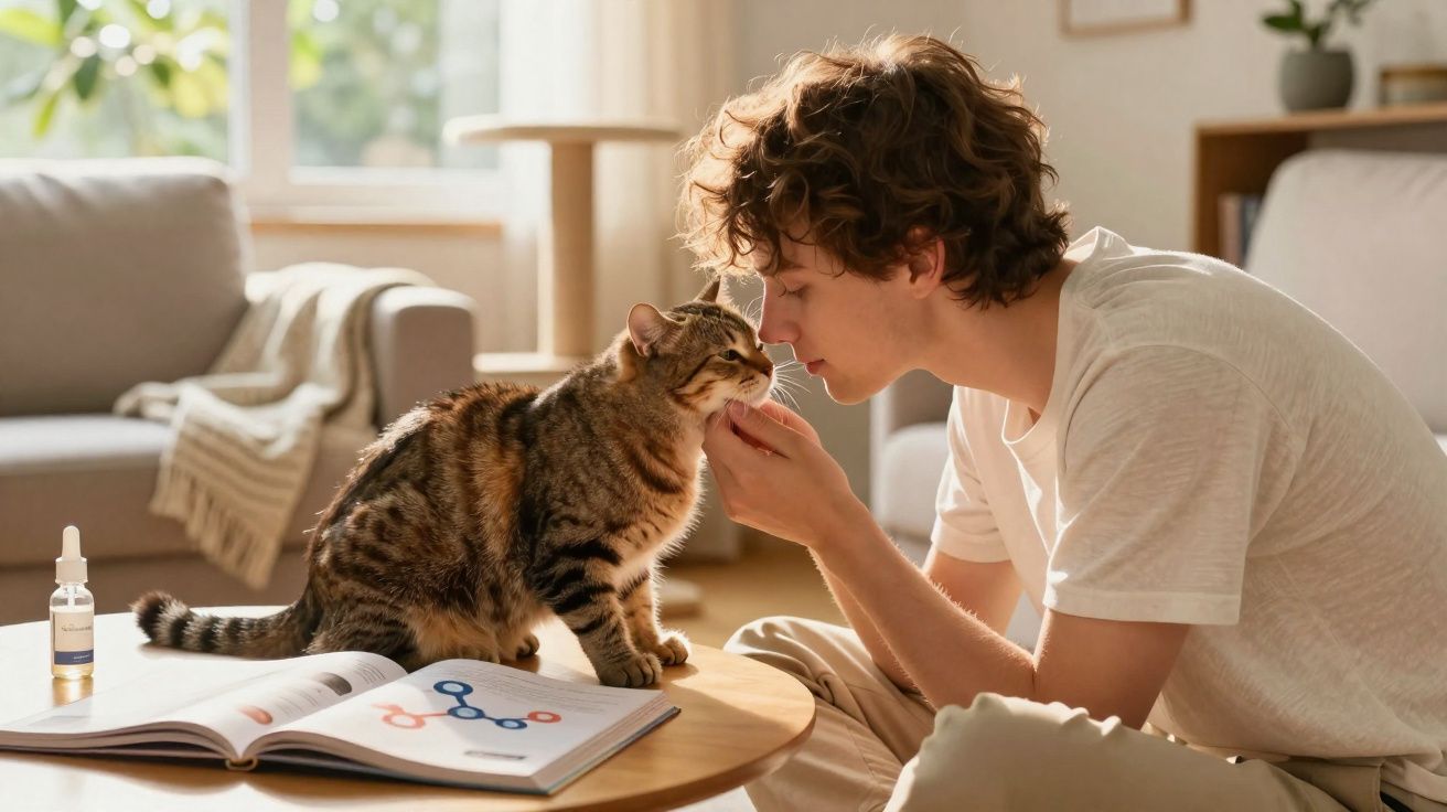 Jovem acaricia gato sentado numa mesa com livro aberto numa sala iluminada e acolhedora.