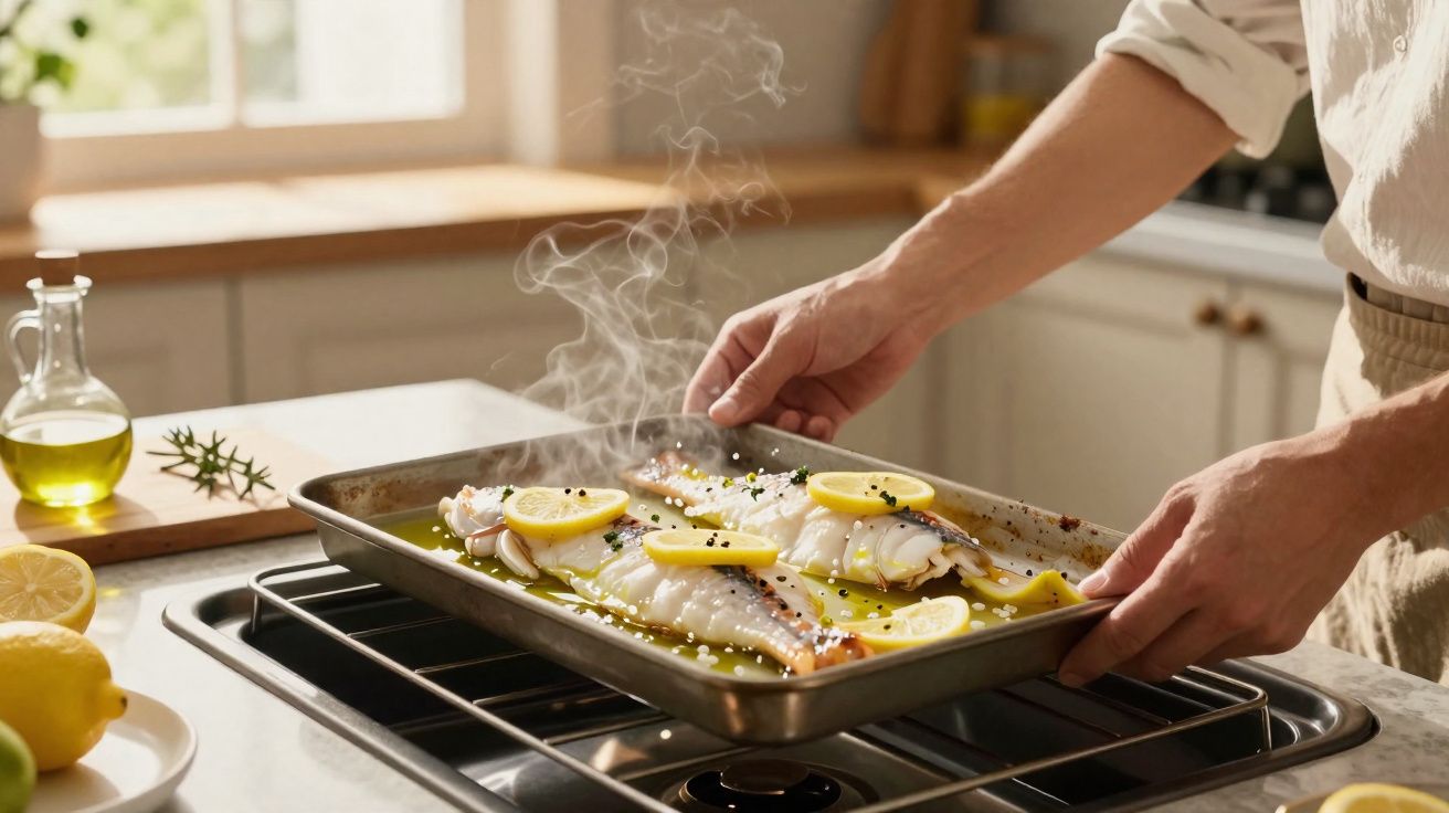Pessoa a retirar tabuleiro com peixe temperado e fatias de limão do forno numa cozinha iluminada.
