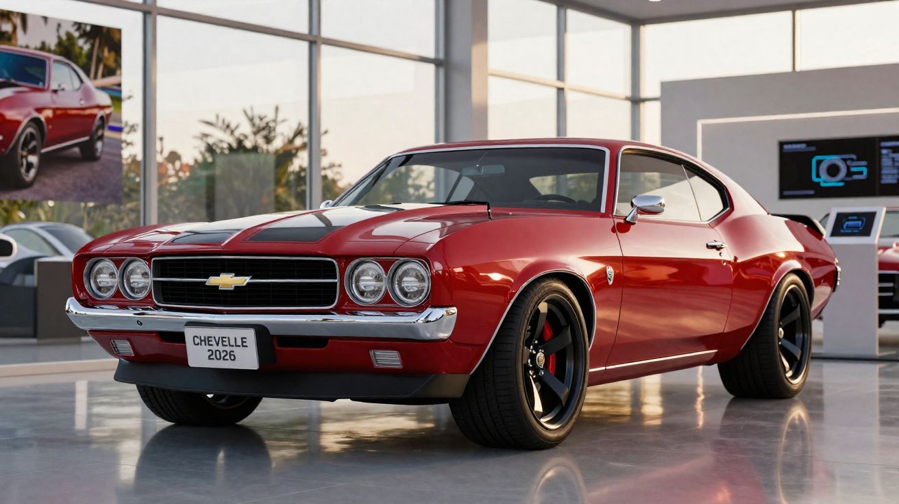 Carro desportivo clássico vermelho Chevrolet Chevelle 2026 em exposição num espaço moderno interior.