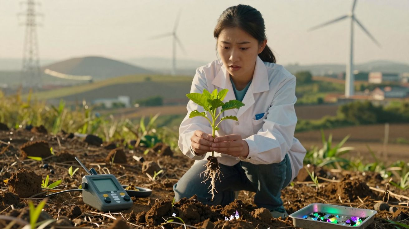 Mulher com bata branca analisa planta com raízes num campo, com equipamentos de medição e turbinas eólicas ao fundo.