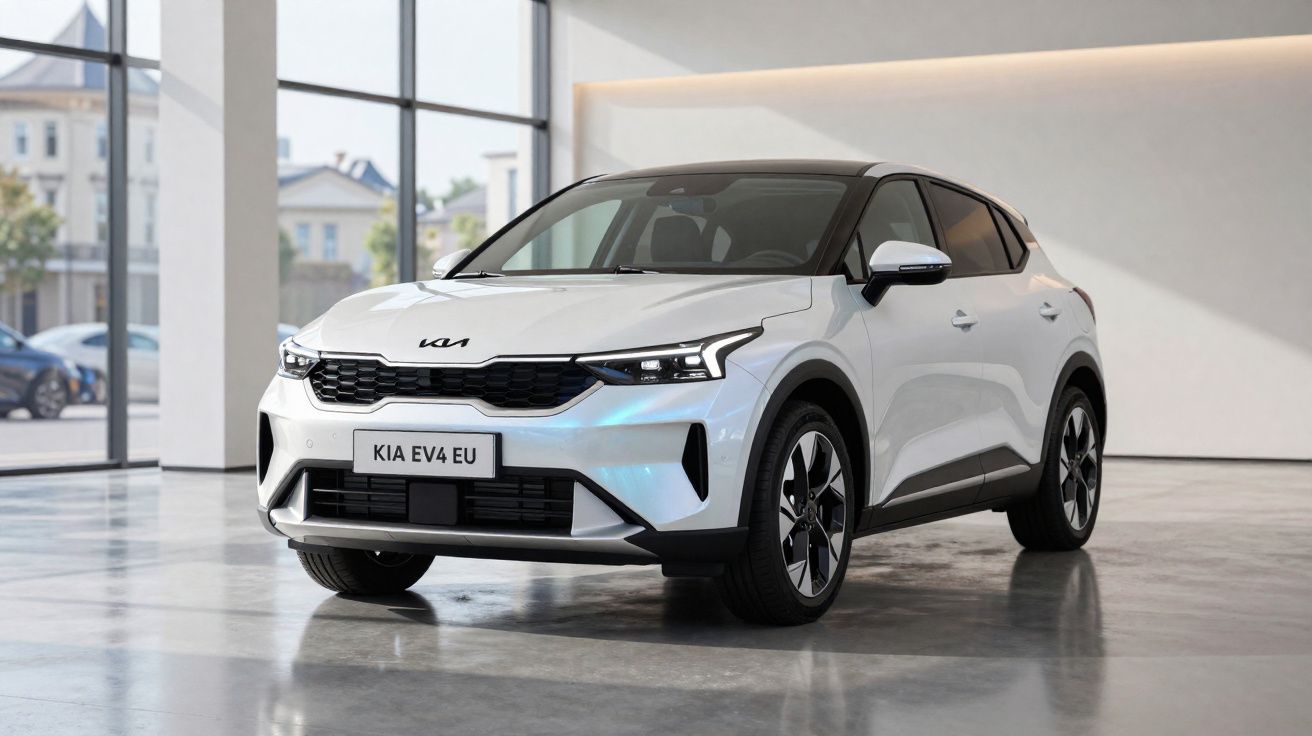 Carro elétrico Kia EV4 branco estacionado em espaço interior moderno com piso em betão polido.