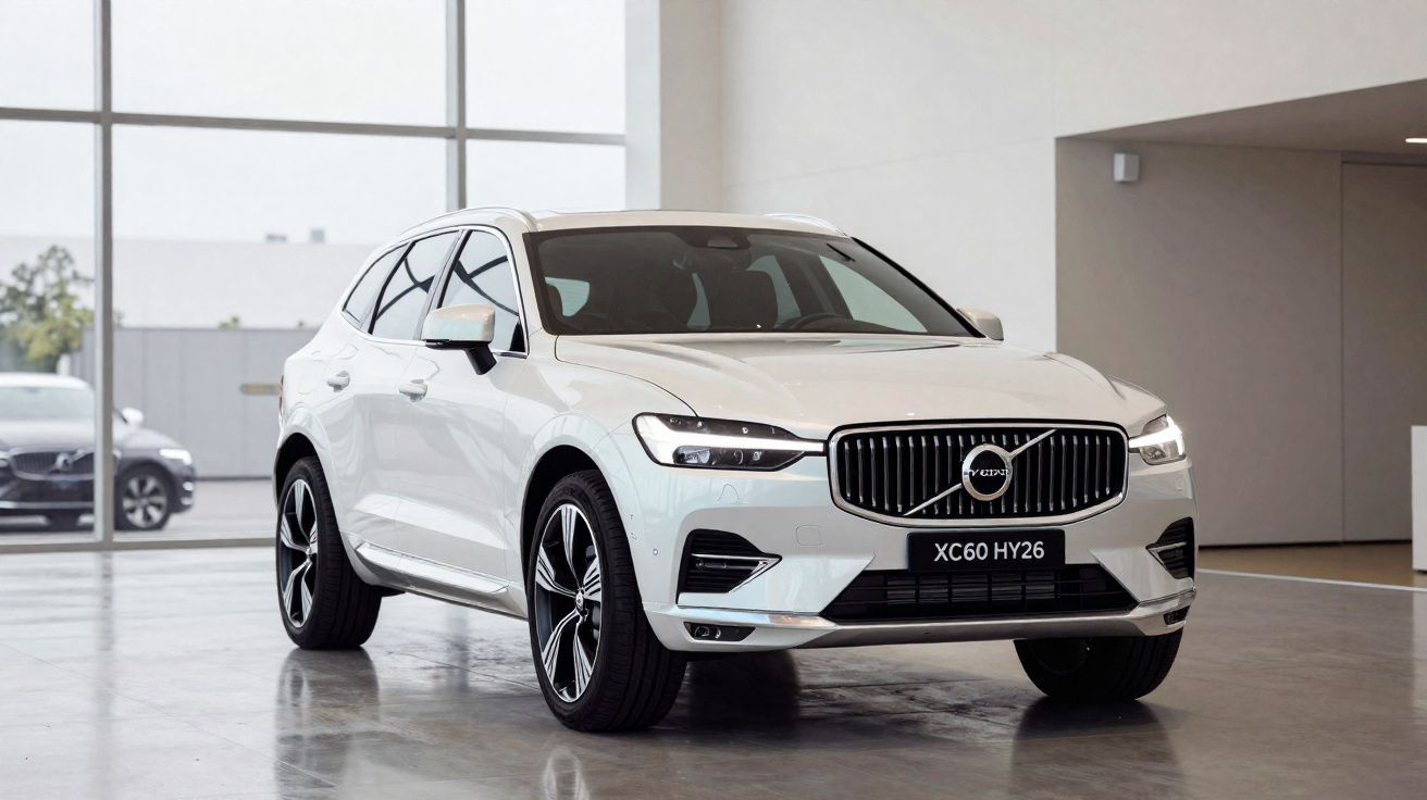 Automóvel SUV Volvo branco modelo XC60 HY26 estacionado em piso interior de showroom moderno.