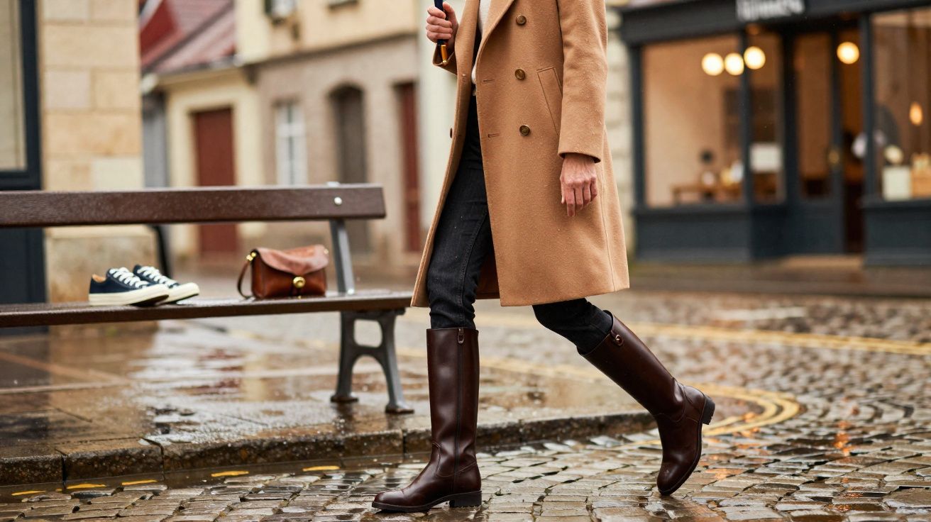 Pessoa a caminhar numa rua de calçada molhada, vestindo botas castanhas e casaco camel comprido.