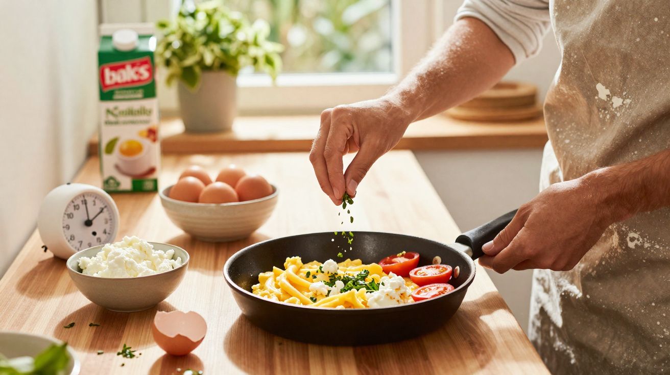 Pessoa a temperar omelete numa frigideira com tomate, ovos e ervas num ambiente de cozinha luminoso.
