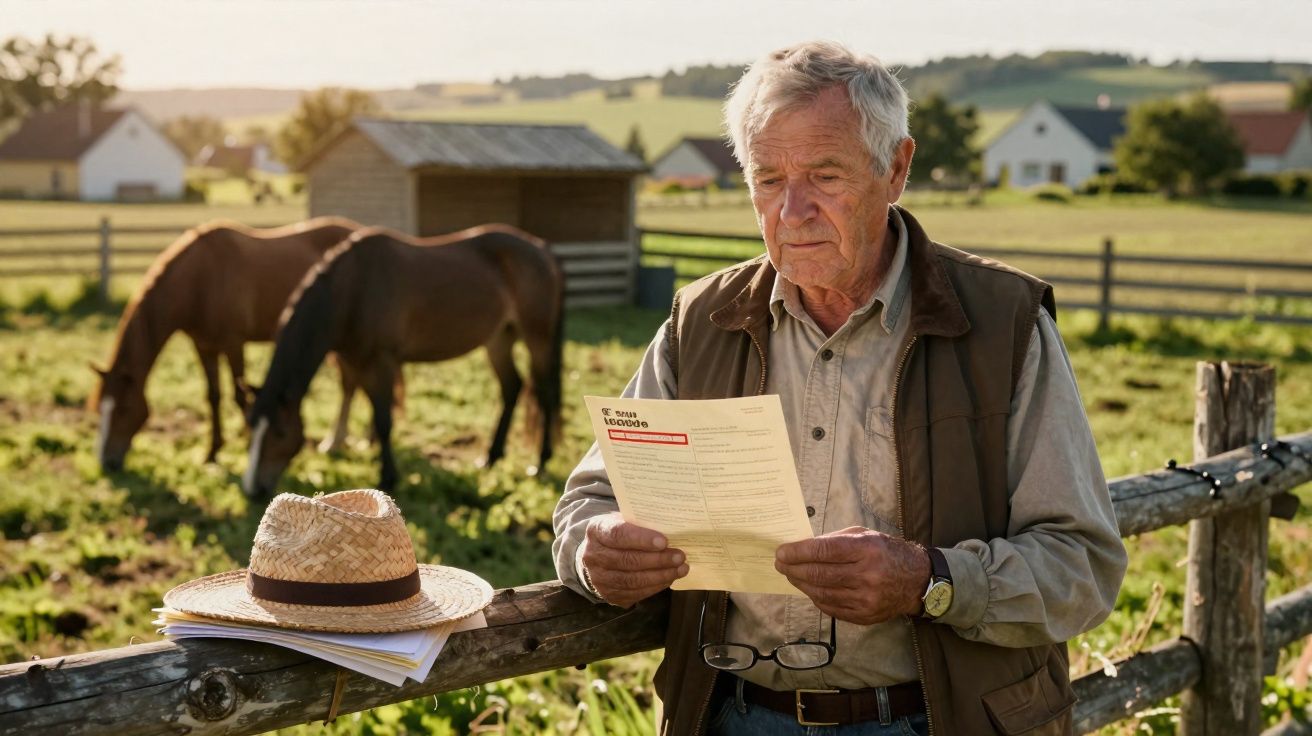 Idoso a ler documentos junto a uma vedação de madeira com cavalos a pastar ao fundo numa quinta.